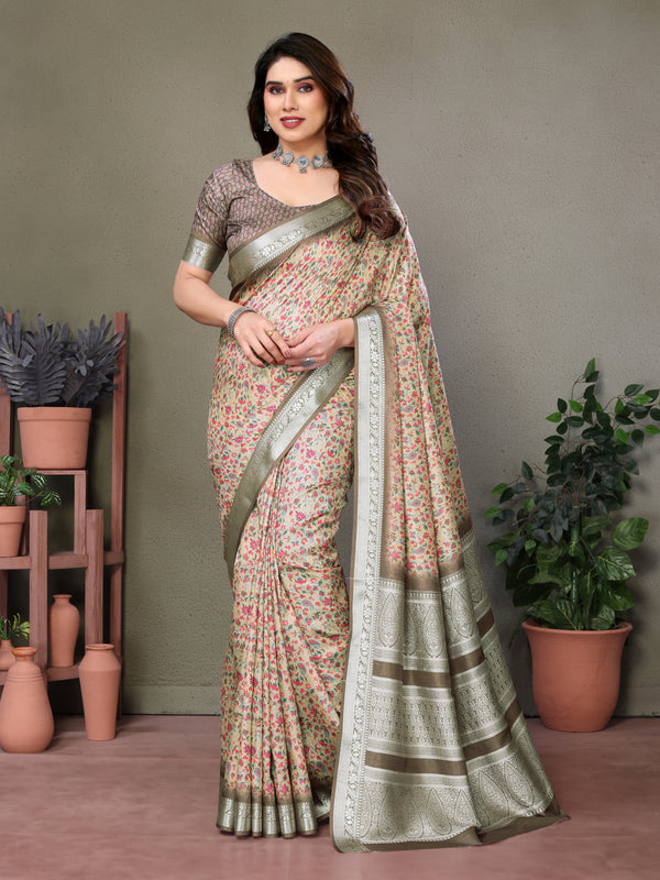 Designer Beautiful Blue Color Khadi Vichitra Pashmina Digital Print With Jacquard Rich Pallu Border Weaving Work