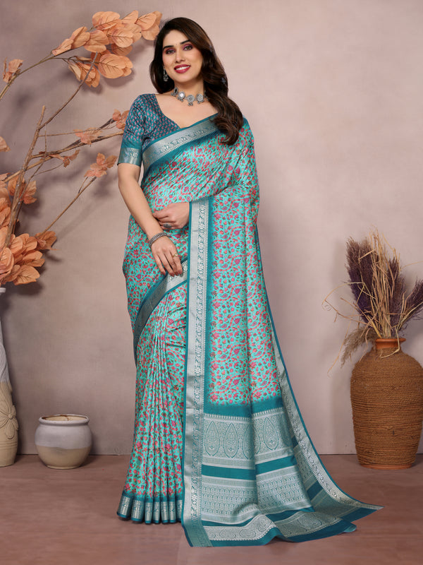 Designer Beautiful Blue Color Khadi Vichitra Pashmina Digital Print With Jacquard Rich Pallu Border Weaving Work