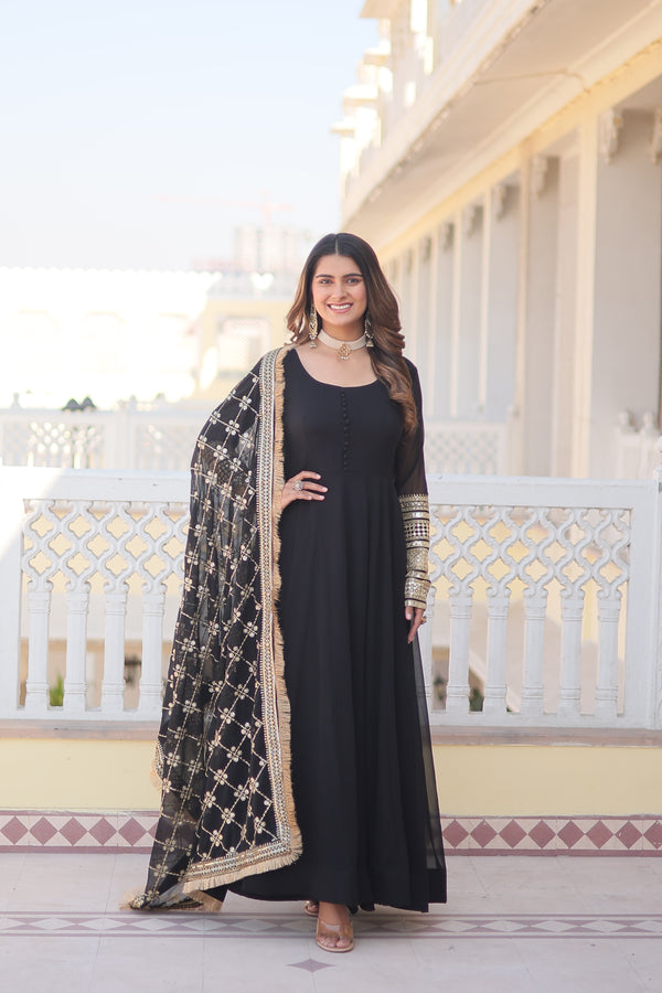 Teal embroidered georgette partywear long gown for women
