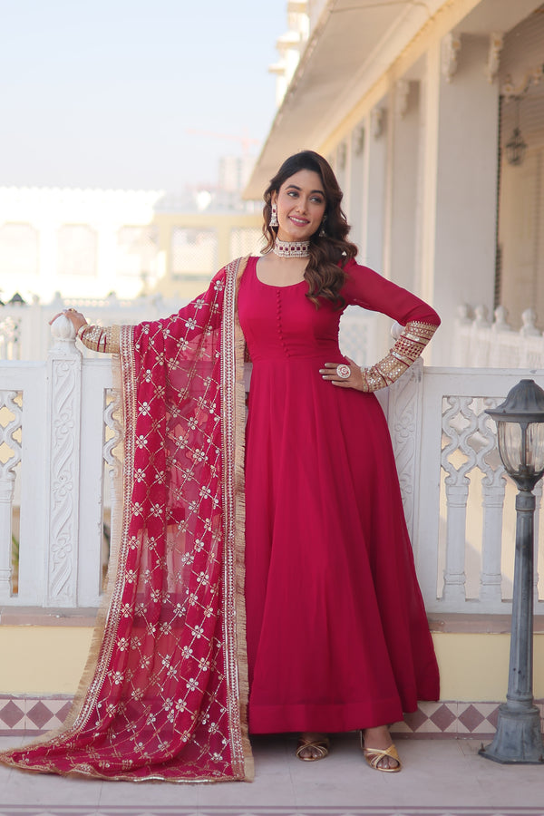 Teal embroidered georgette partywear long gown for women