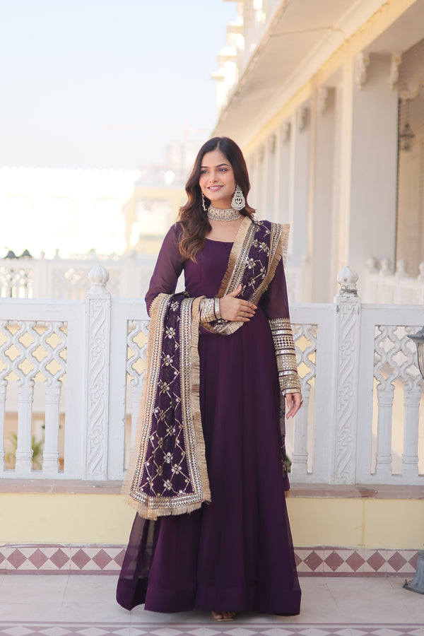 Teal embroidered georgette partywear long gown for women
