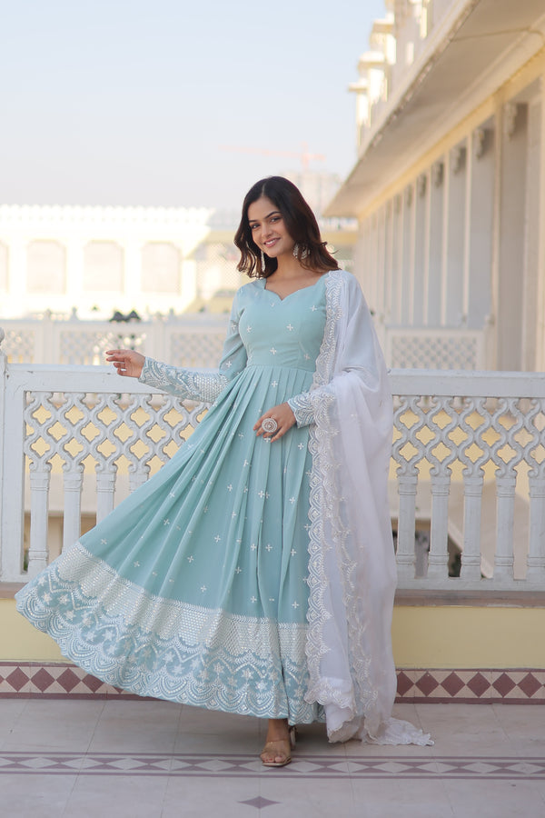 Women Faux Georgette Embroidery Work Gown With Dupatta