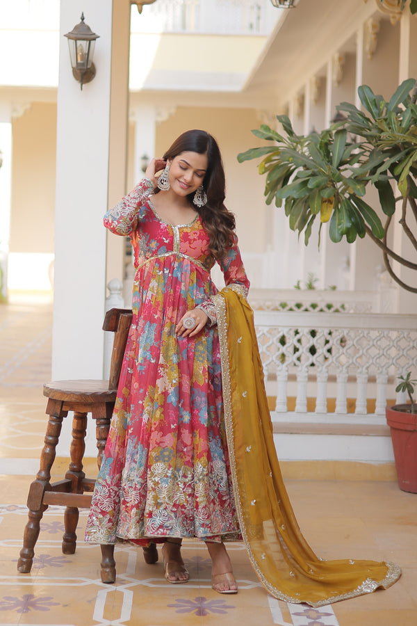 Wedding Wear Floral Embroidered Red Color Alia Cut Gown With Dupatta