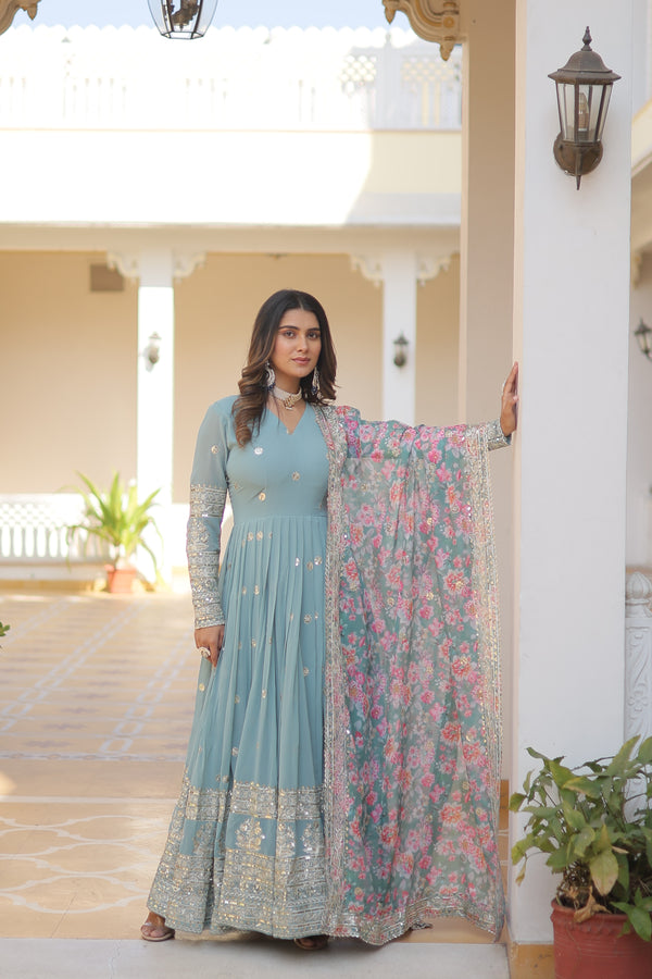 Faux Georgette Designer Sky Color Wedding Gown With Dupatta