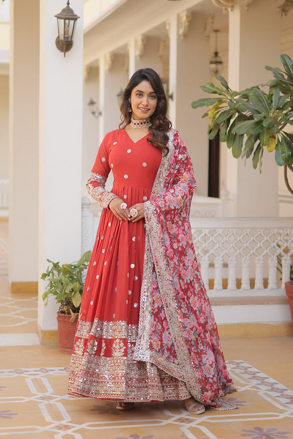 Faux Georgette Designer Orange Color Wedding Gown With Dupatta