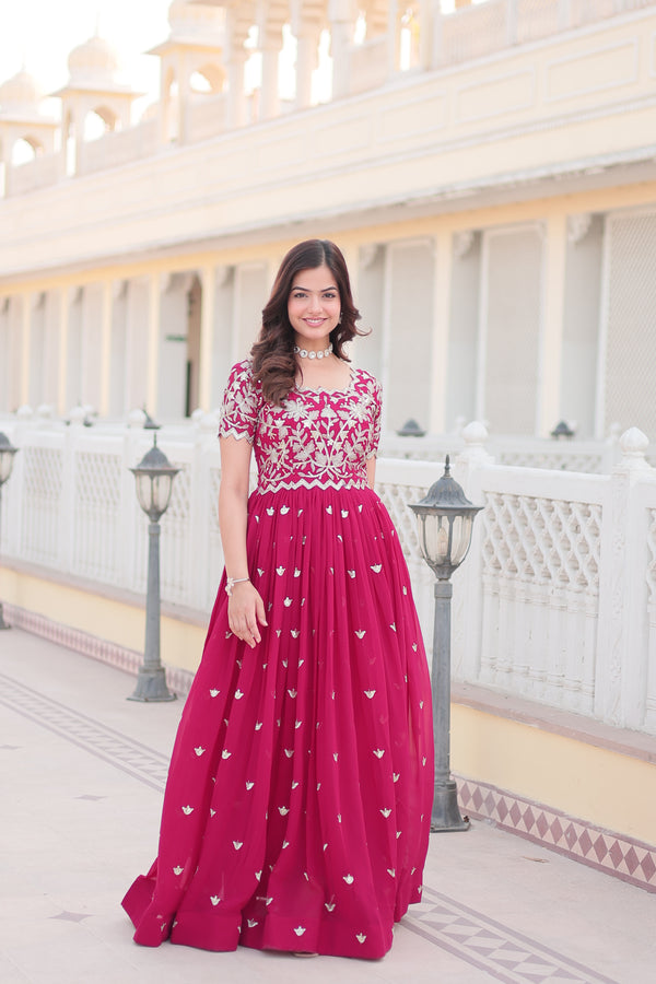 Pink Faux Georgette With Floral Embroidered Sequins Anarkali Gown Party Wear
