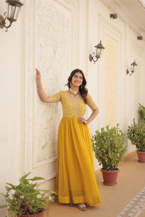 Yellow colour faux georgette trending heavy work fully stitched gown