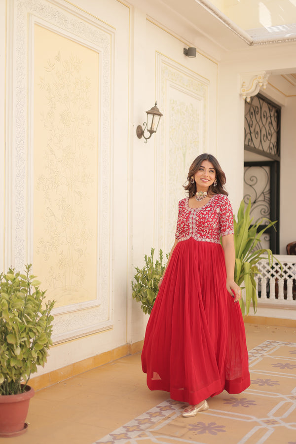 Red colour faux georgette trending heavy work fully stitched gown