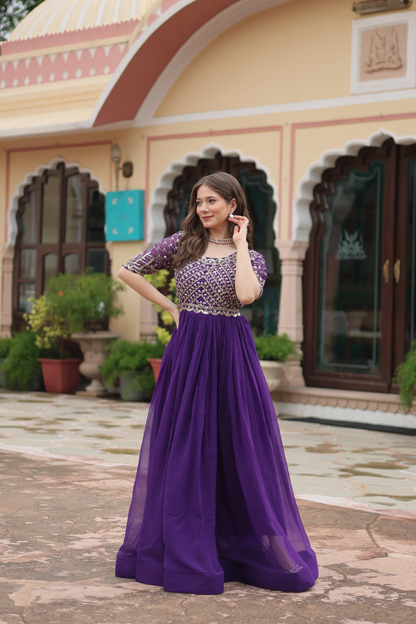 Purple Luxury Faux Blooming Designer Gown with Zari & Sequins Embroidery
