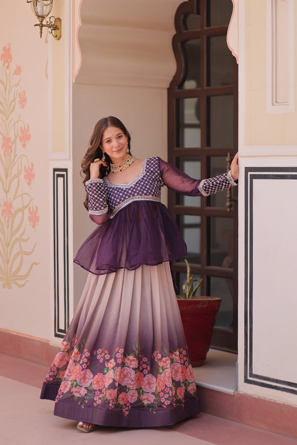 Purple Elegant Floral Cosmos Print Lehenga Set with Embroidered Peplum Top