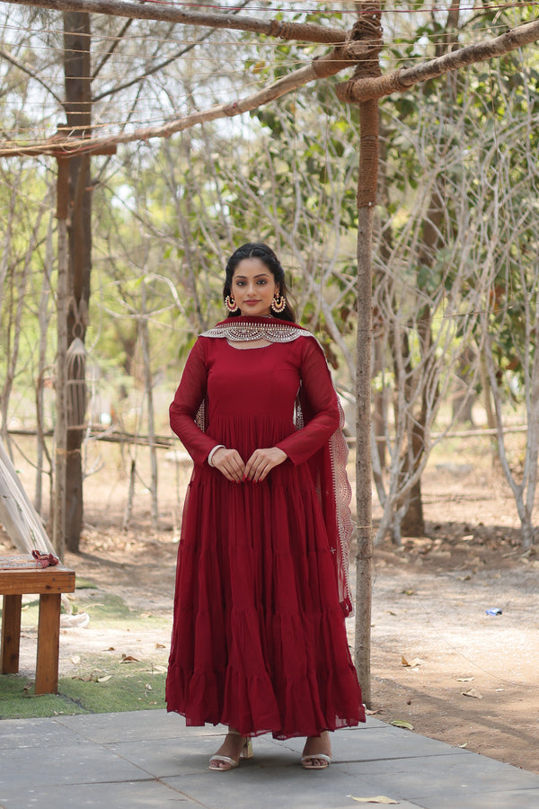 Maroon Women Embroidered Anarkali Kurta Set