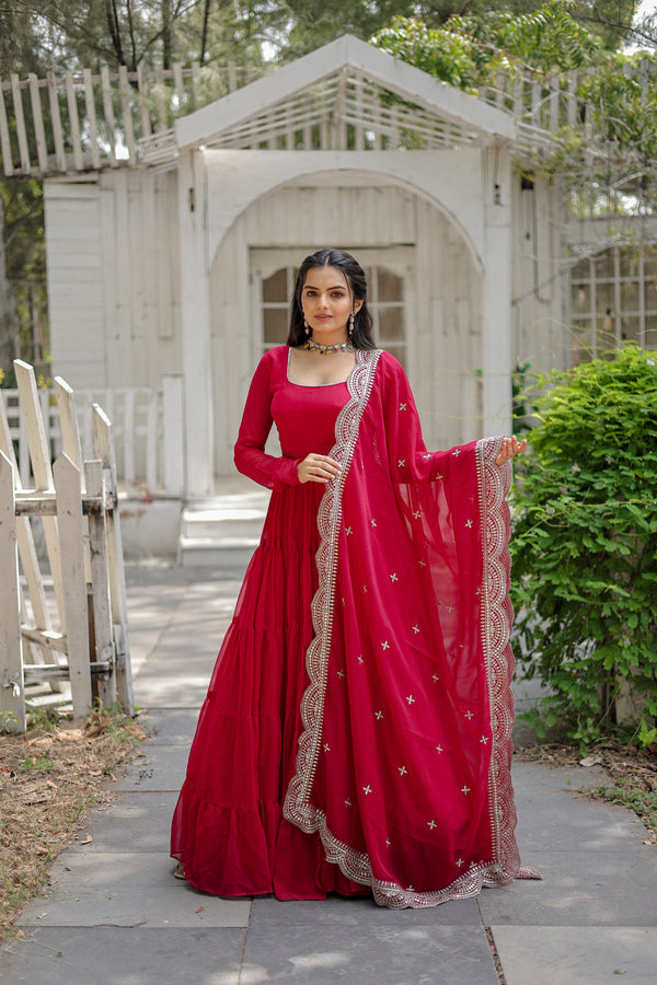 Party Wear Rani Color Plain Long Gown With Dupatta