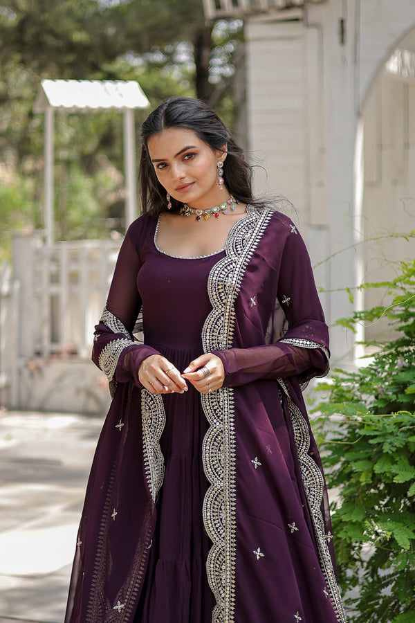 Party Wear Wine Color Plain Long Gown With Dupatt