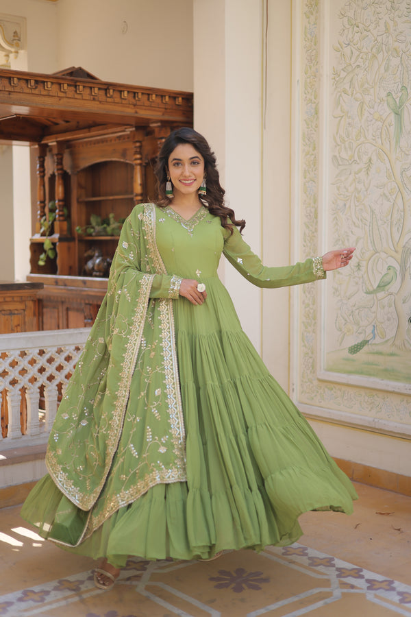 Parrot-Green Coloured Faux Georgette with Embroidered work Gown With Dupatta