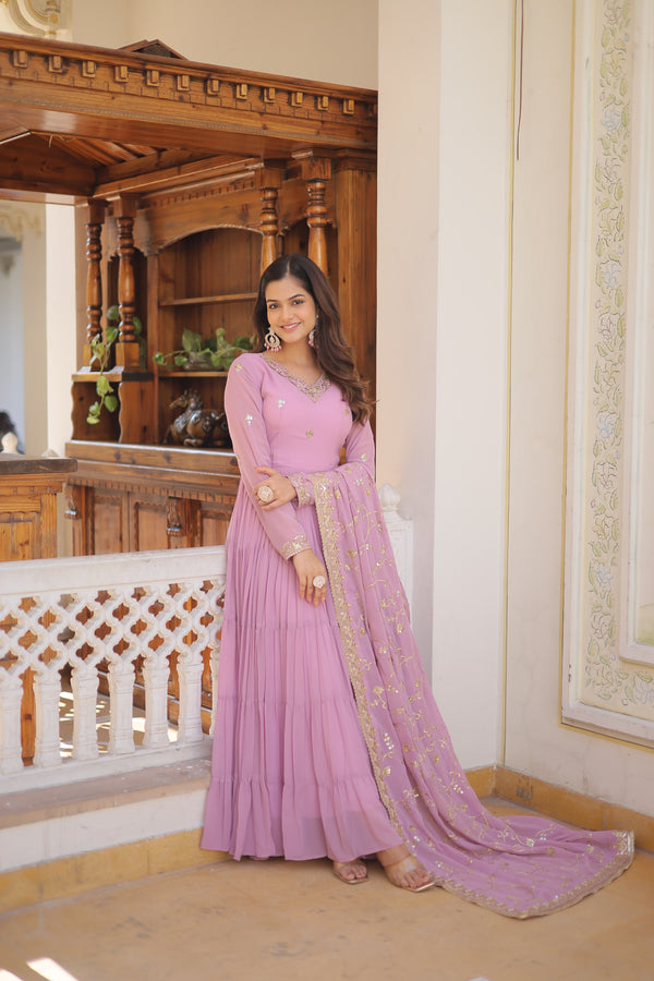 Lavender Coloured Faux Georgette with Embroidered work Gown With Dupatta