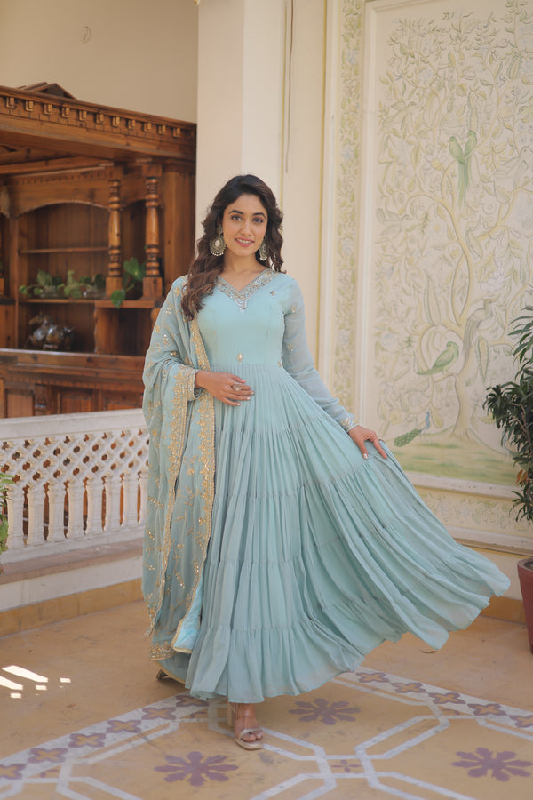 Sky Coloured Faux Georgette with Embroidered work Gown With Dupatta