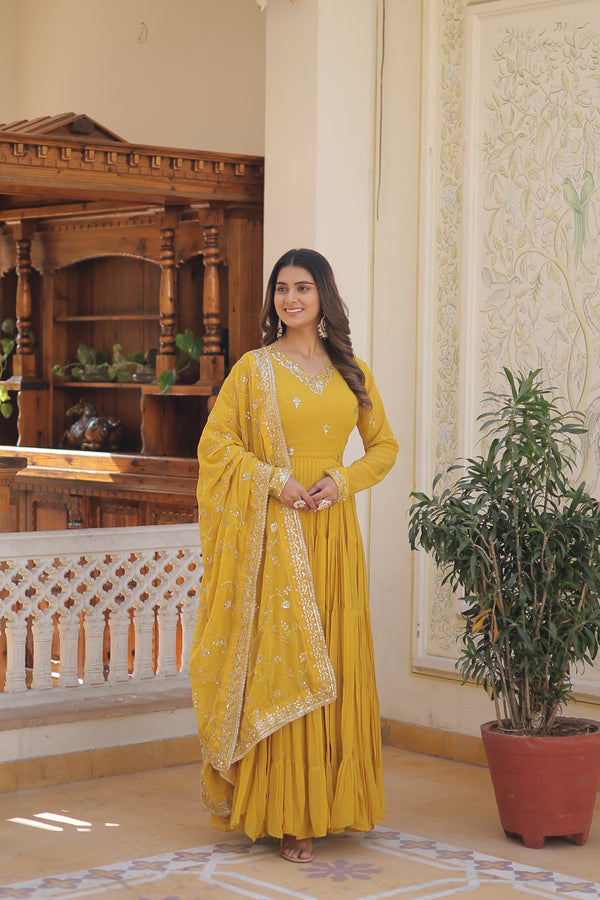 Yellow Coloured Faux Georgette with Embroidered work Gown With Dupatta