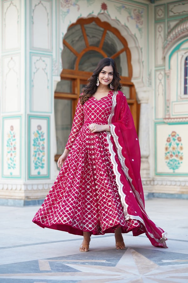 Rani Pink Embroidered Faux Blooming Gown with Sequin Dupatta