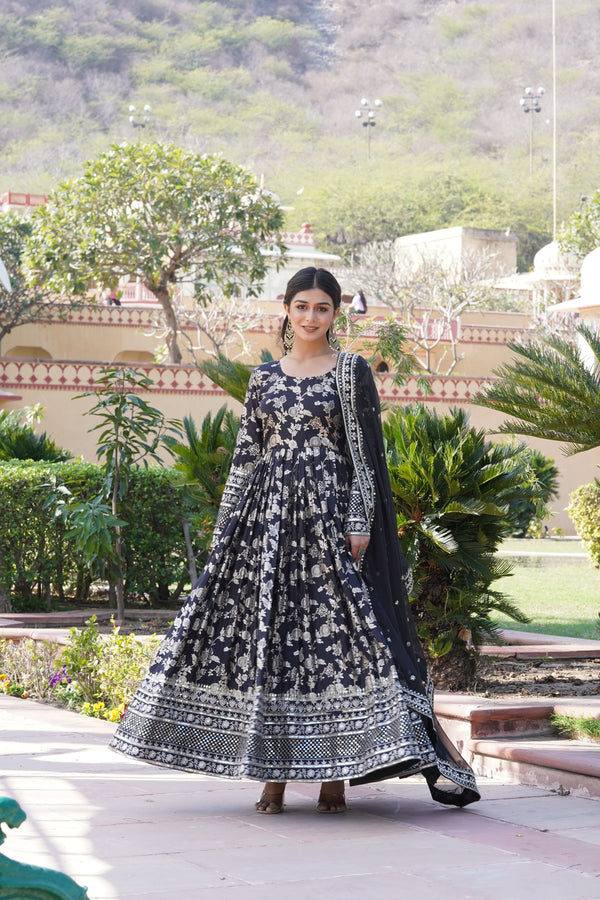 Designer Party Wear Anarkali Gown – Viscose Jacquard with Sequins Embroidery & Russian Silk Dupatta