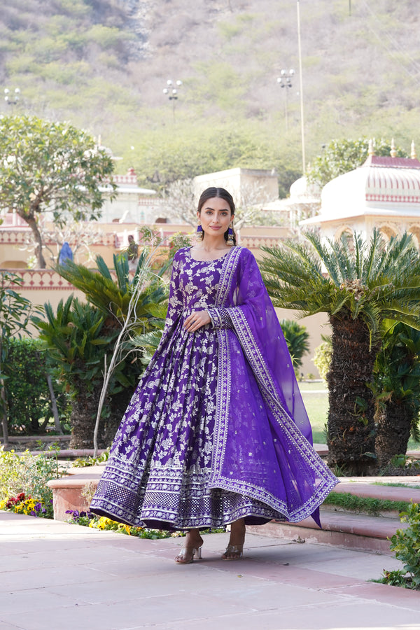 Designer Party Wear Anarkali Gown – Viscose Jacquard with Sequins Embroidery & Russian Silk Dupatta