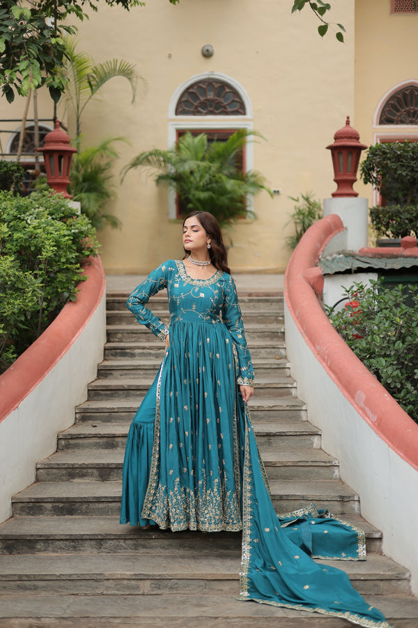 Rama Green Designer Readymade Top-Sharara-Dupatta Sequins Embroidered Chinon Suit