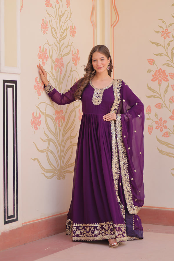 Women Purple Embellished Anarkali Dress Designer Gown for Women | Evening Gown