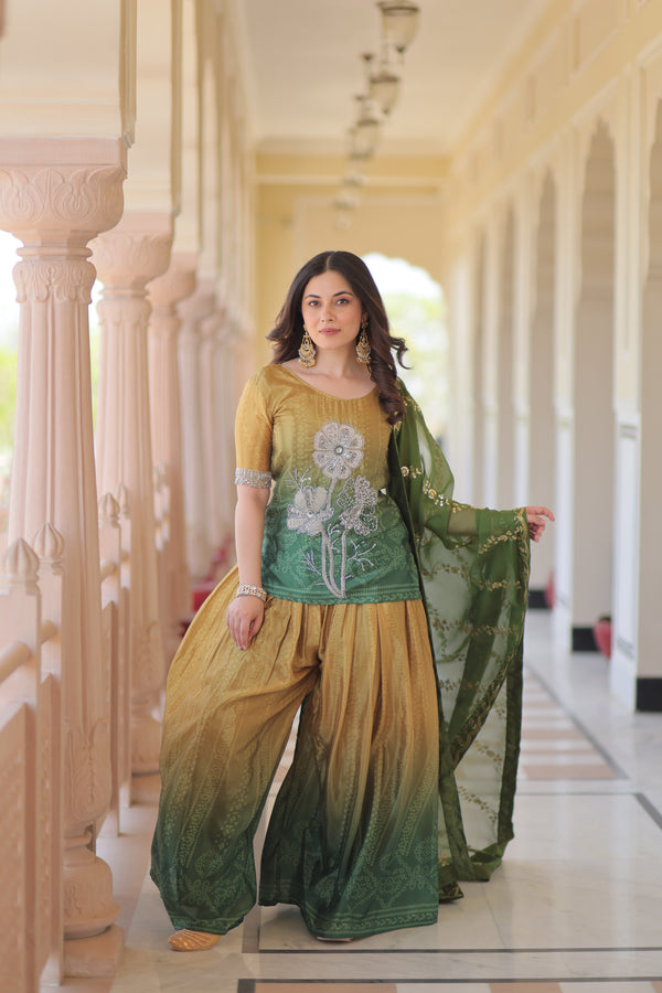 Mehandi Chinnon Print With Beads Embroidered Work Sharara Suit