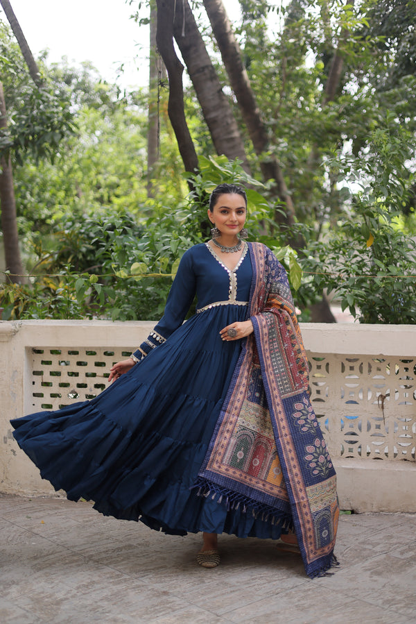 Spectacular Blue Border Work Rayon Festival Wear Gown With Dupatta