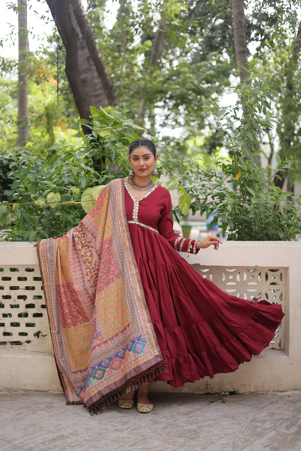 Appealing Maroon Lace Work Rayon Traditional Gown With Dupatta