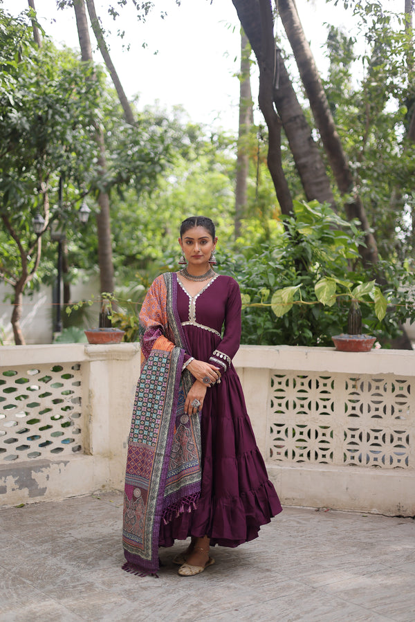 Awesome Wine Rayon Traditional Gown With Digital Printed Dupatta