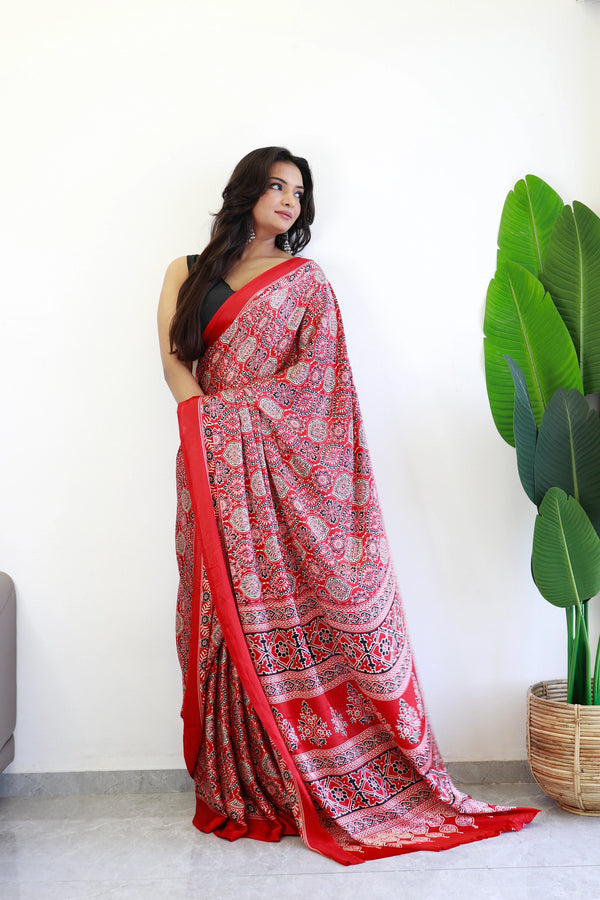 Redish Maroon Ajrakh Printed Soft Modal Silk Natural Print Saree
