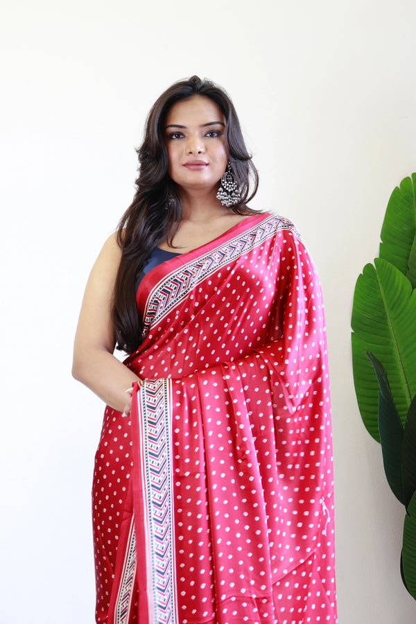 Maroon Bandhani With Ajrakh Printed Soft Modal Silk Natural Print Saree P3