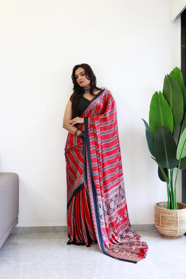 Black And Maroon Ajrakh Printed Soft Modal Silk Natural Print Saree