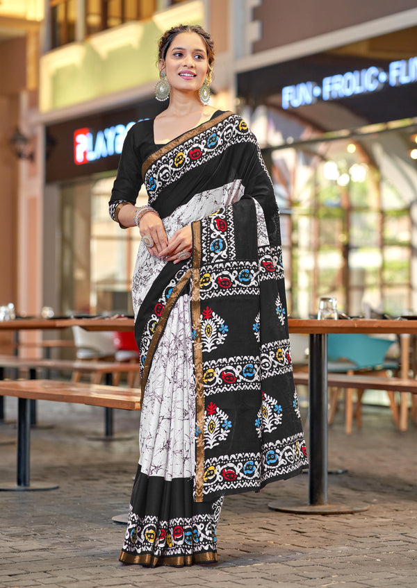 White Black Designer MulCotton Saree
