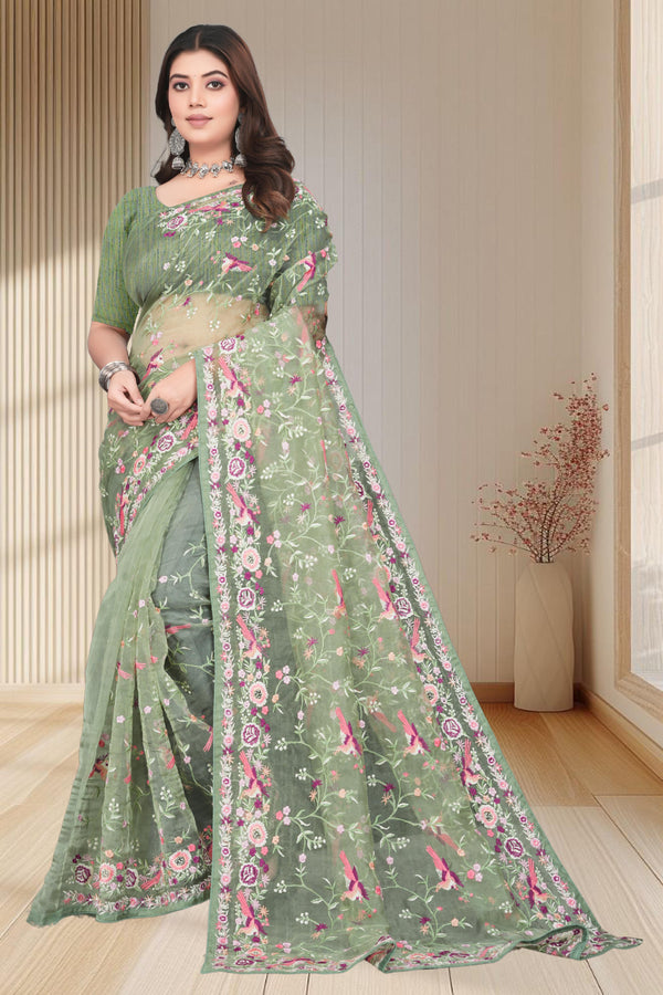 Tissue Organza With Beautiful Multi Embroidery C-Pallu Work
