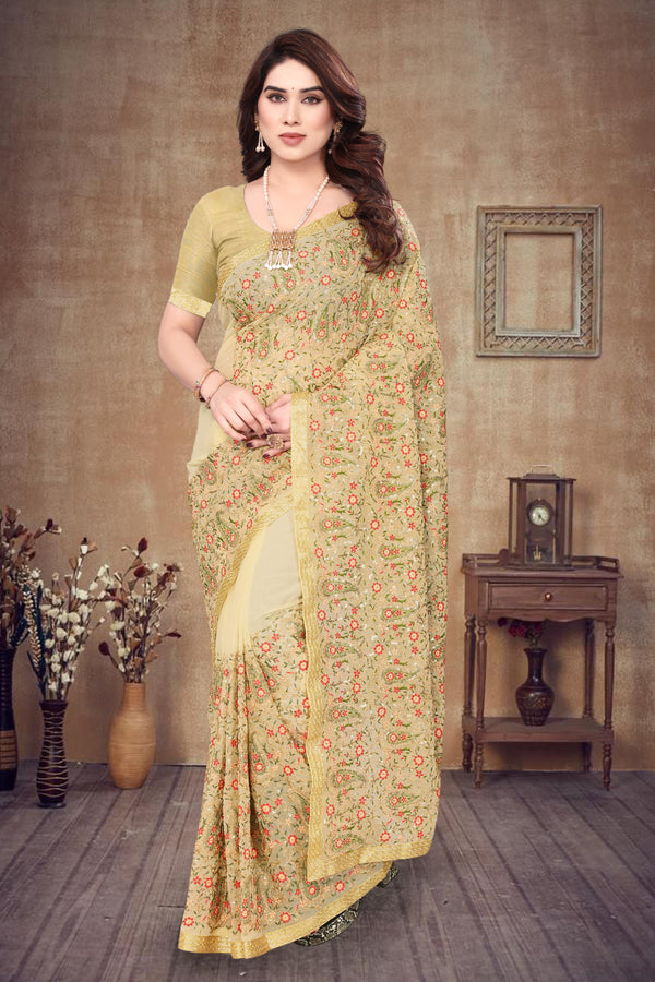 Heavy Fox Georgette With Multi + Zari Embroidery &amp; 3.MM Sequence In Pallu_Skirt Work Saree And Readymade Embroidery Lace Work