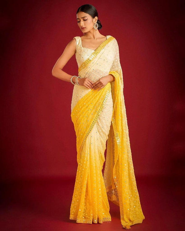 Heavy Fox Georgette With Pedding Print And 7.MM Sequence + Multi🔖 Work In Allover Saree