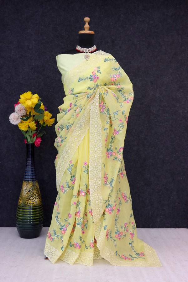 Khadi Organza With Beautiful Multi Embroidery C-Pallu Cutwork