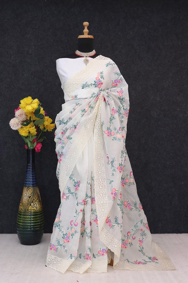 Khadi Organza With Beautiful Multi Embroidery C-Pallu Cutwork