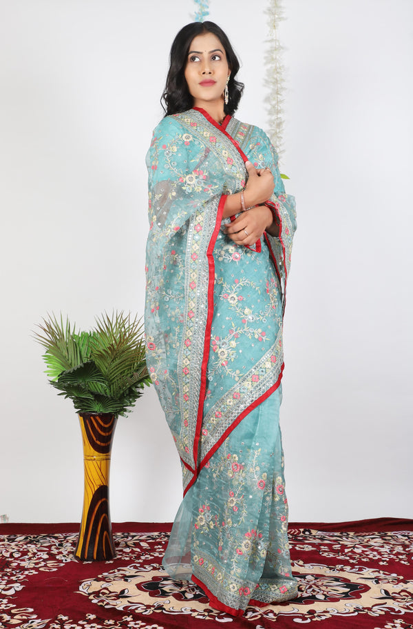 Tissue Organza With Beautiful Zari + Multi + 5 M.M Sequence Embroidery C Pallu Work