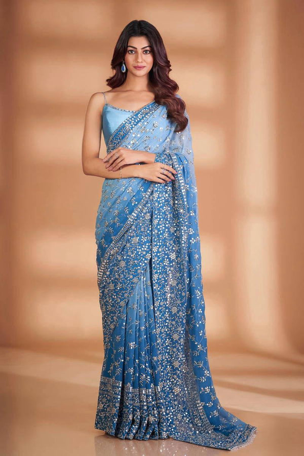 Heavy Fox Georgette With Padding Print And 7.MM Sequence + Zari 🔖 Work In Allover Saree