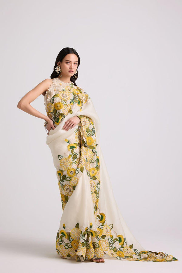 Khadi Organza With Beautiful Flowers Design In Multi Embroidery C Pallu Cut Work