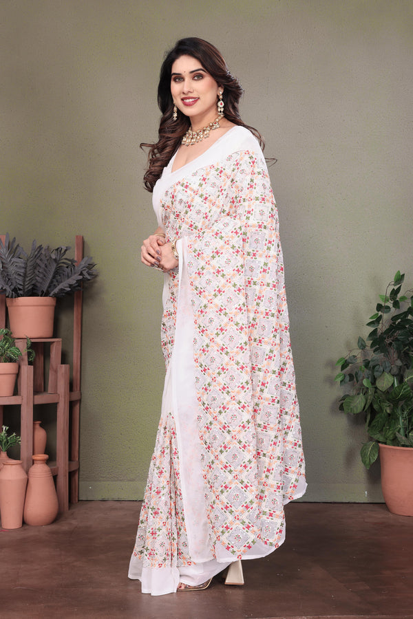 Multi Color Exclusive Beautiful  Embroidery Work Saree