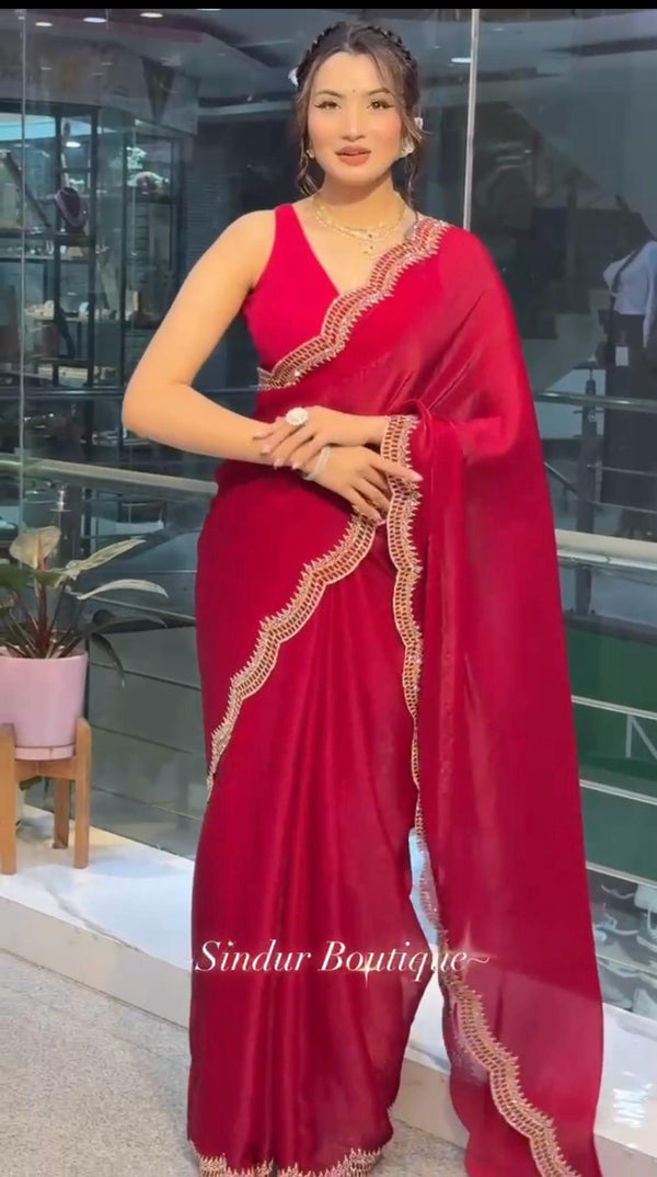 Pure Soft Burburry Silk With Beautiful Sirovski Diamonds Work In Border On All Over Saree