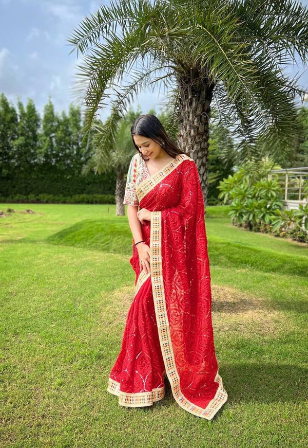 Heavy Fox Georgette With Multi + Thread Coding Embroidery & 3/5.MM Sequence In Pallu_Skirt Work Saree And Embroidery Multi Colour Lace Work