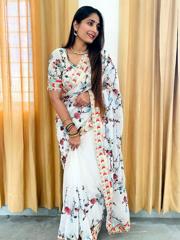 Multi Colour Embroidery Saree For Partywear