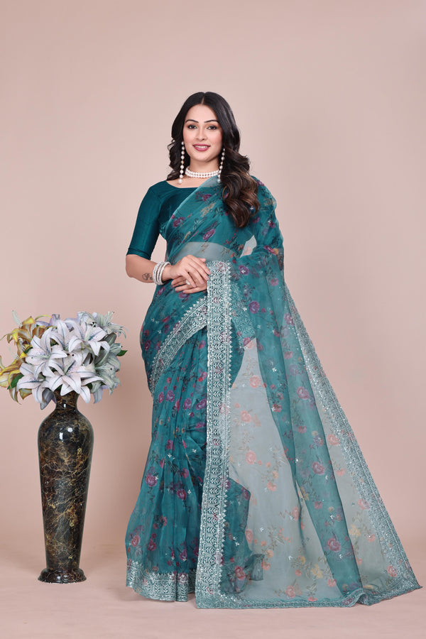 Tissue Organza With Beautiful Flowers Digital Print And Embroidery Zari