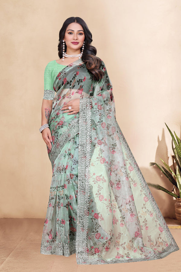 Tissue Organza With Beautiful Flowers Digital Print And Embroidery Zari