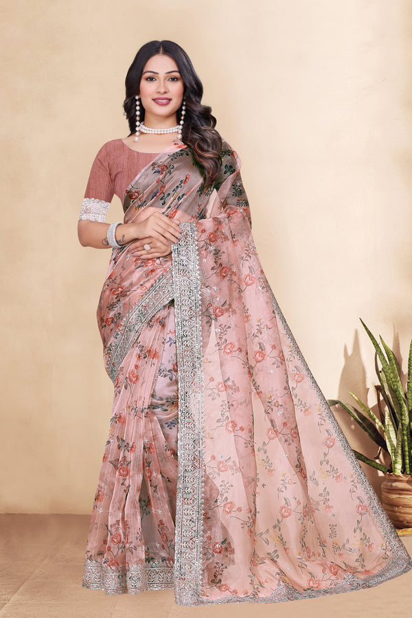 Tissue Organza With Beautiful Flowers Digital Print And Embroidery Zari