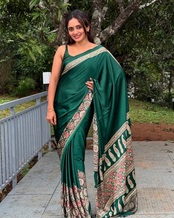Green Ajrakh Printed Modal Silk Plain Saree With Ajrakh Blouse P6